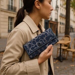 Coach Blue Silver Signature C Pattern Long Snap bWallet